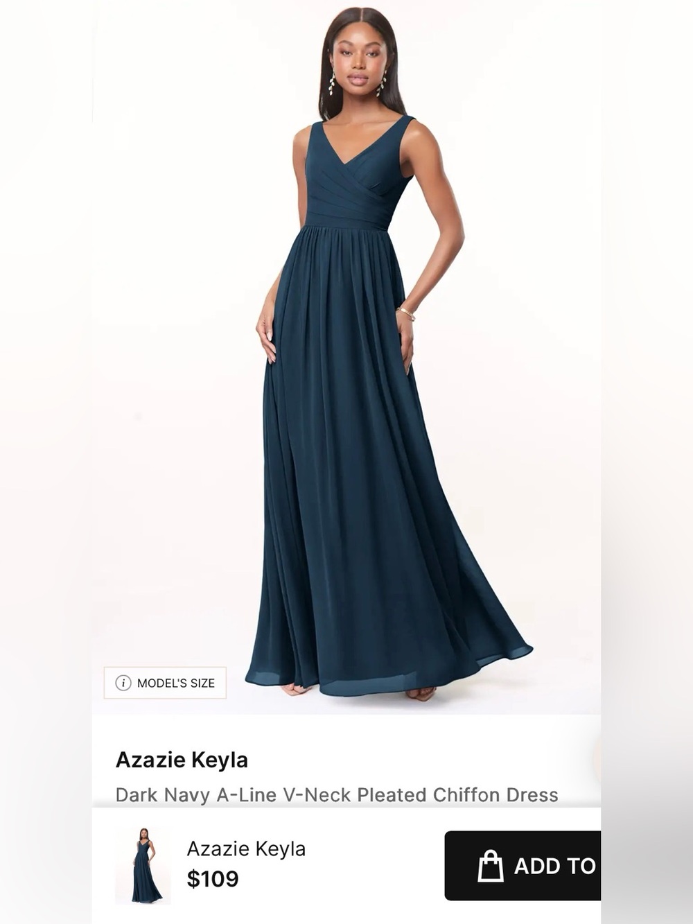 Azazie Keyla Maxi A-Line V-Neck Chiffon Dress in Dark Navy size 12